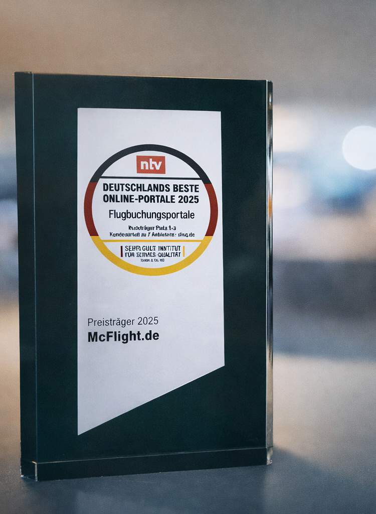 McFlight.de überzeugt 2025 bei DISQ/ntv: Top-Platzierung bei Flugbuchungsportalen und Bestwert im Teilbereich Internetauftritt/App.